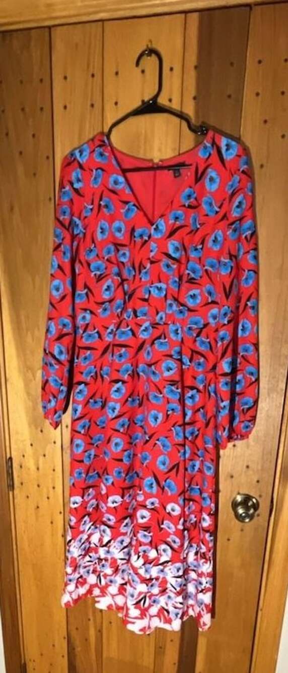 Ann Taylor Floral Midi Dress Size 6P Red Blue V-Neck Long Sleeve